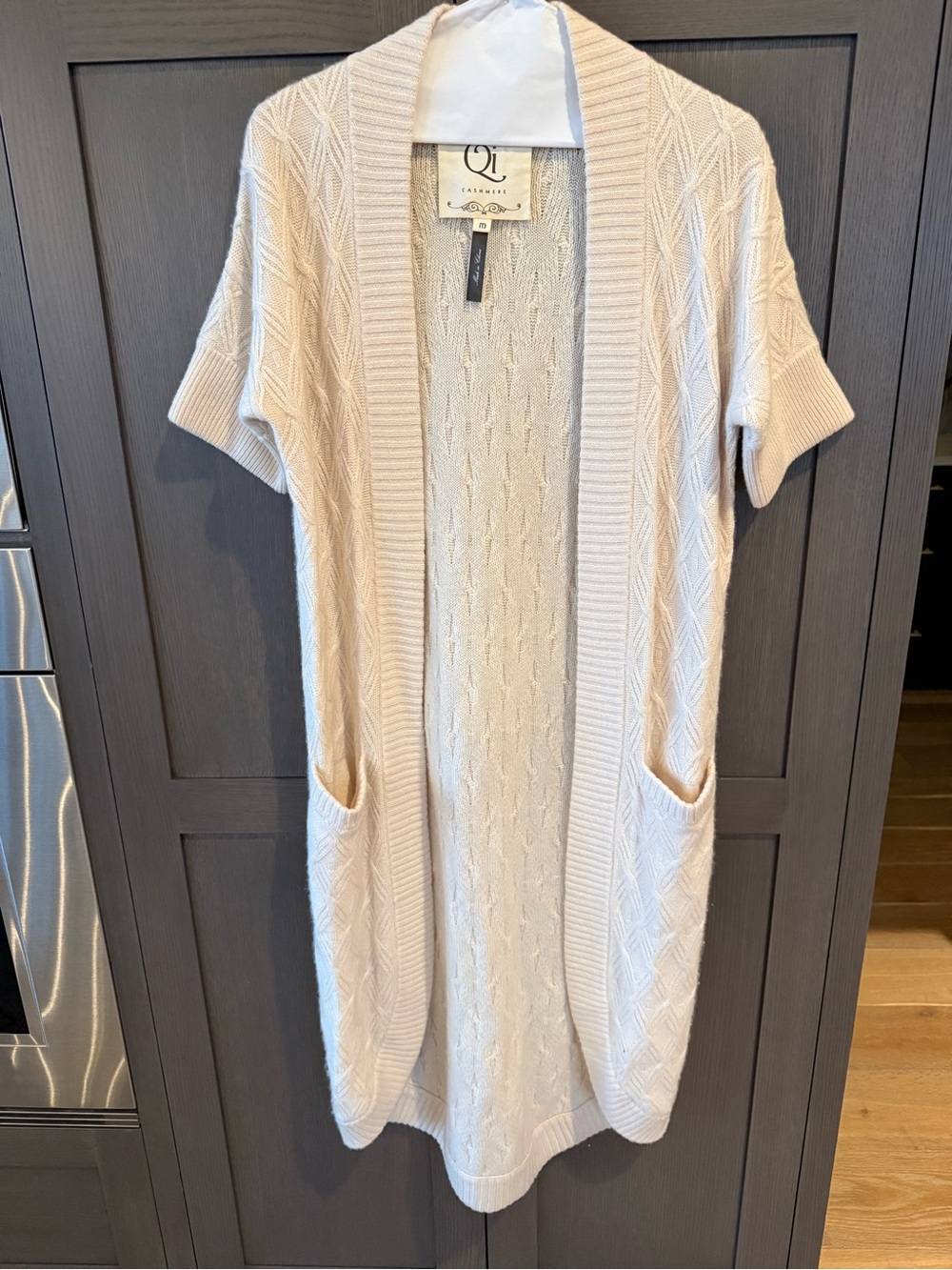 Cream Cashmere Open-Front Short-Sleeve Cardigan Duster